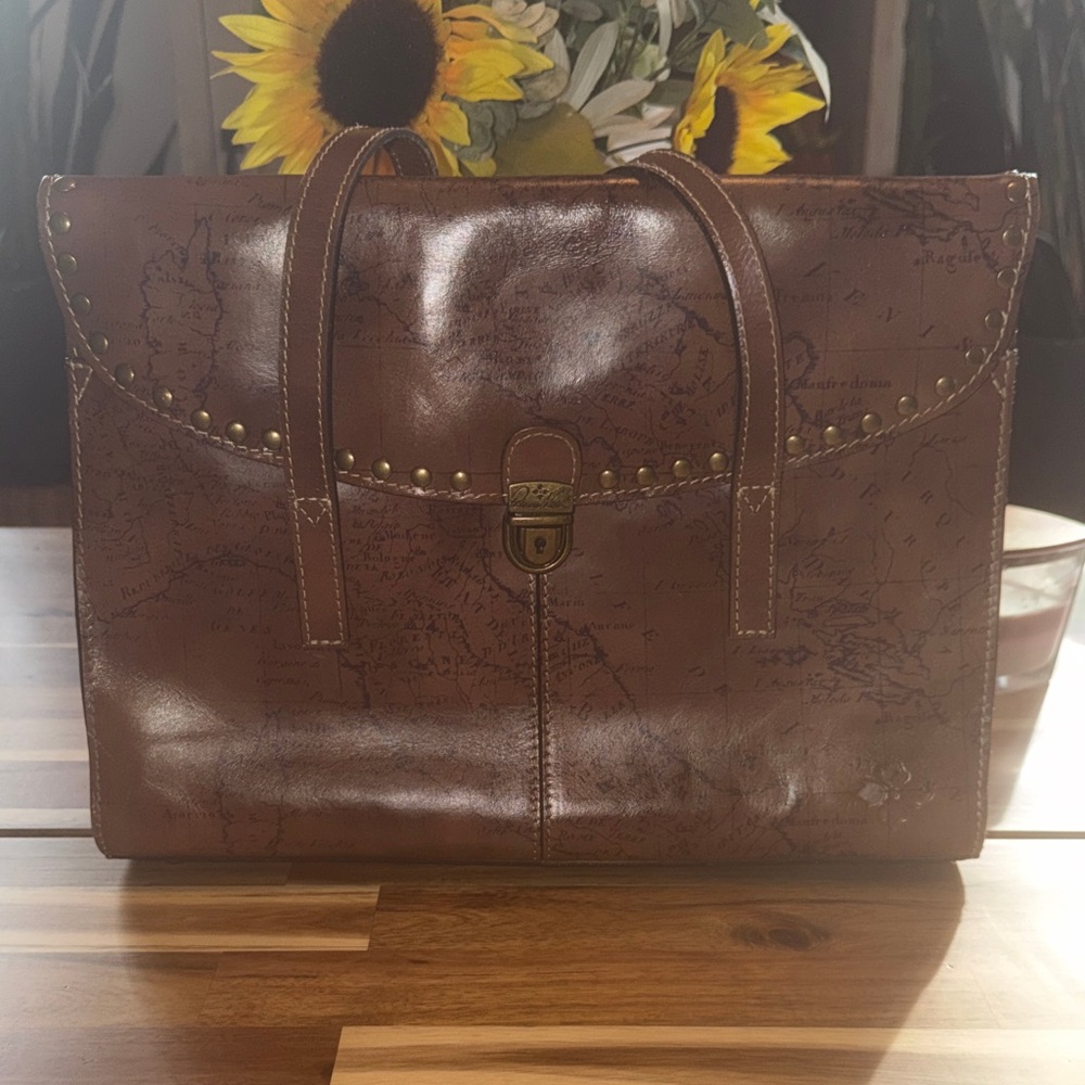 Patricia Nash Brown Map-Embossed Leather Shoulder Tote with Stud Detail